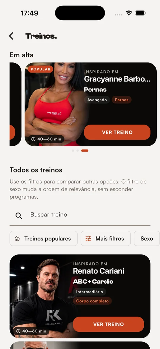 Catálogo de treinos populares no Jornada